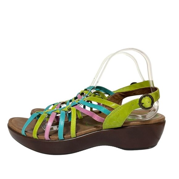 Dansko Dana Sandals Leather Pink Blue Green Strappy Wedge Womens Size 42 US 12 - Picture 1 of 16